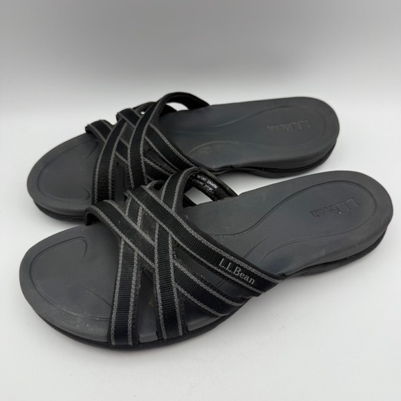 LL Bean Cross Strap Sandals Slides Comfort Casual Black‎ Gray Women's 10M - Picture 1 of 8